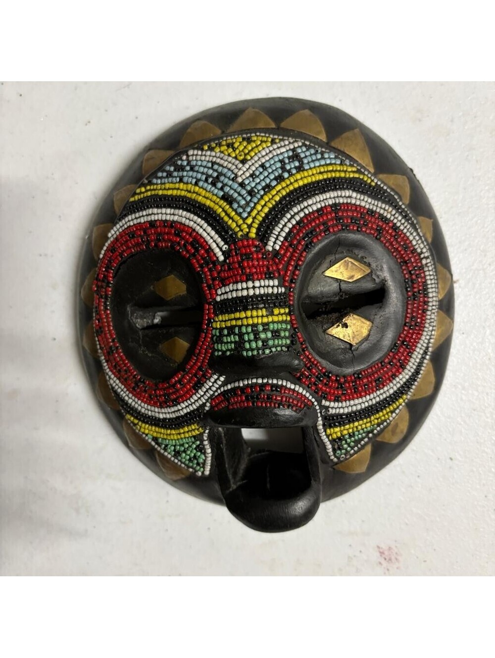 African Beaded Wood Mask Hand Carved Round Tribal Wall Hanging Brass Accents 7in